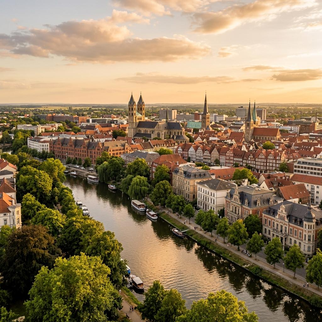 Panorama der Region Braunschweig – historische Stadt am Fluss bei Sonnenuntergang